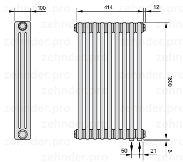 Схема (чертеж) Радиатор Zehnder Charleston 3180/9 №5510 Белый глянцевый RAL 9016
